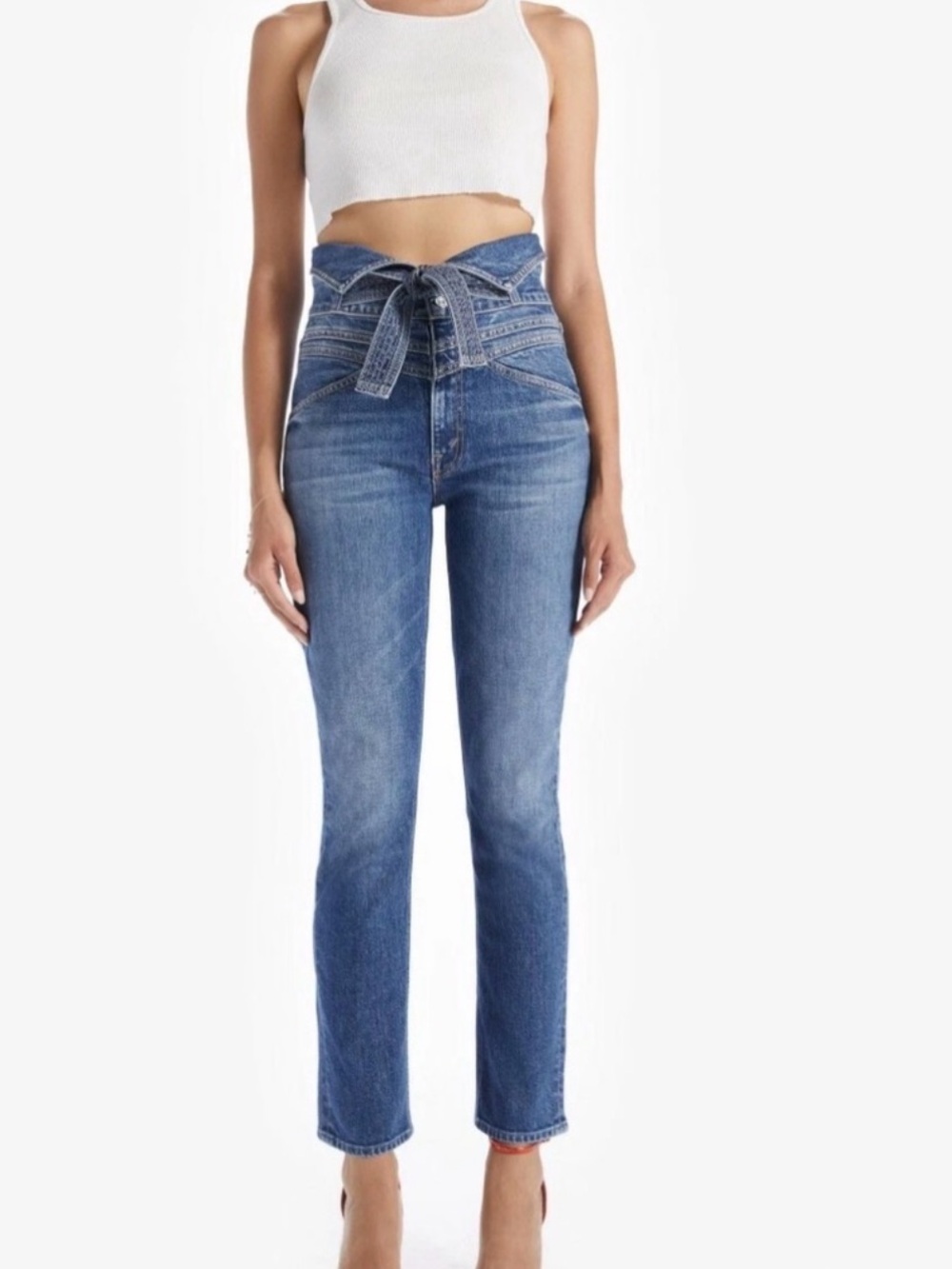 MOTHER Blue High-Rise Tie-Waist Straight Stretchy Jeans